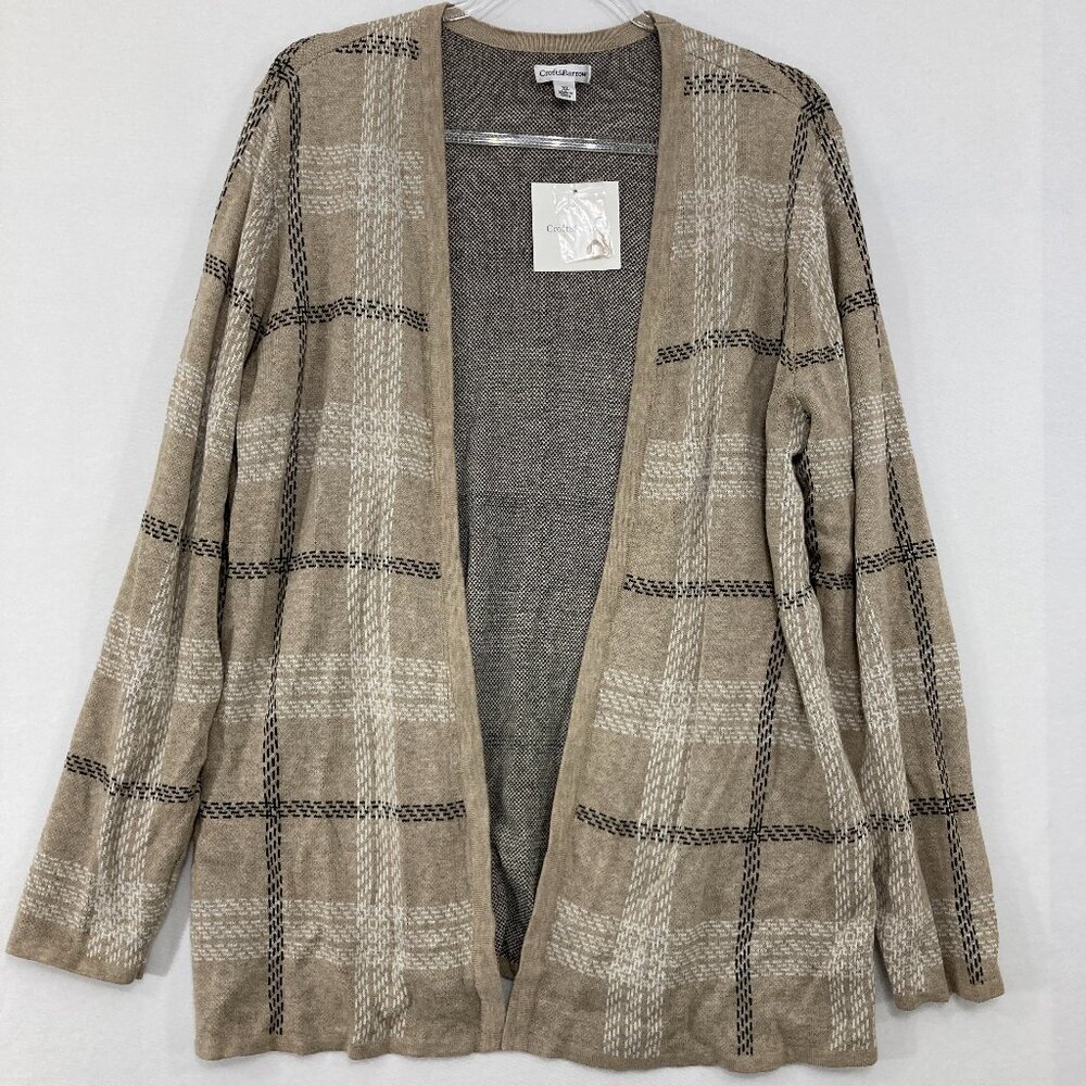 New Croft & Barrow size XL Plaid Tan Gray Open Front Cozy Casual Cardigan Preppy